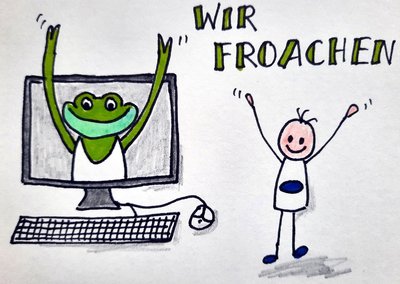 Gezeichnetes Bild: Grüner froach-Frosch auf einem Computerbildschirm macht eine Übung vor, die ein BDJ-Männchen nachmacht. Darüber steht: Wir froachen!